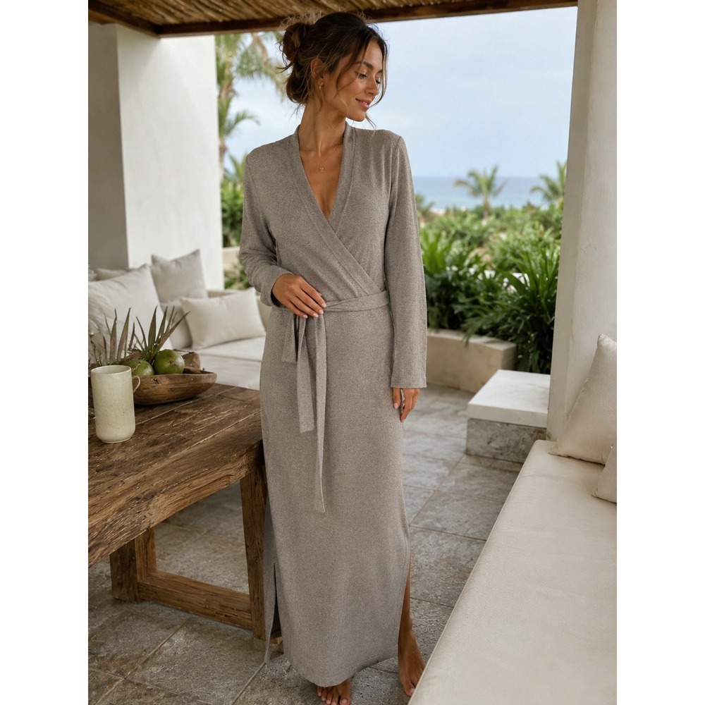 Barefoot Dreams CozyChic Ultra Lite Wrap Maxi Dress Taupe Soft Size Small